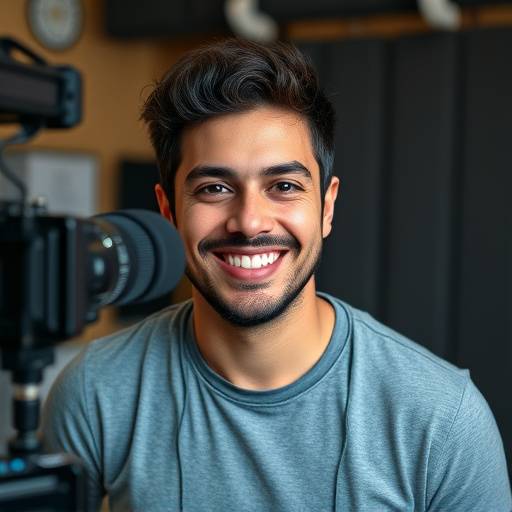 Foto do instrutor Lucas Pereira, em um ambiente de gravaäão de vídeo, sorrindo para a câmera.